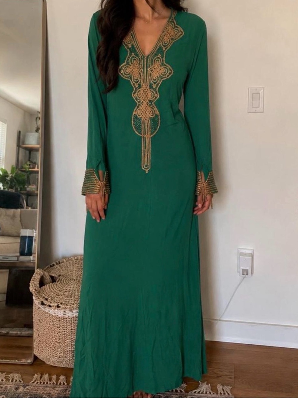 Green Embroidered Long Sleeve Maxi Dress
